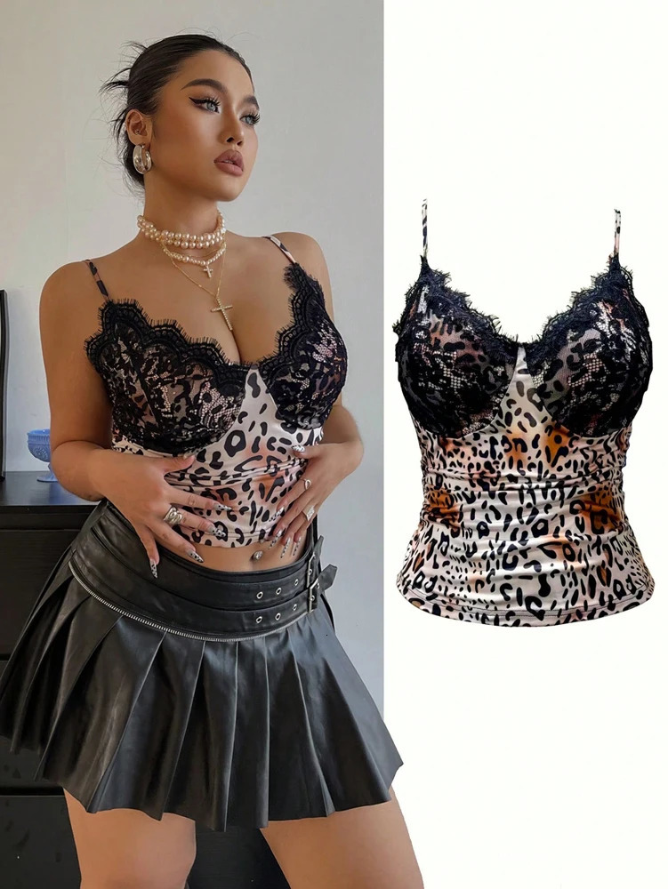 Plus Size Womens Leopard Lace Splicing Bowknot Camisole Top Lace Edge Y2K V Neck Slim Sexy Camisole Tank Top 250320