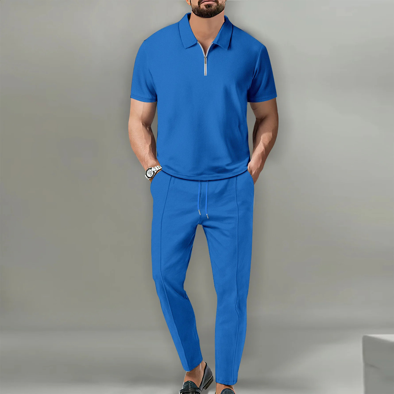 mens polo shirts 2 sets of casual and fashionable commercial breathable lapels pants drawstring solid color mens 2 sets 250318