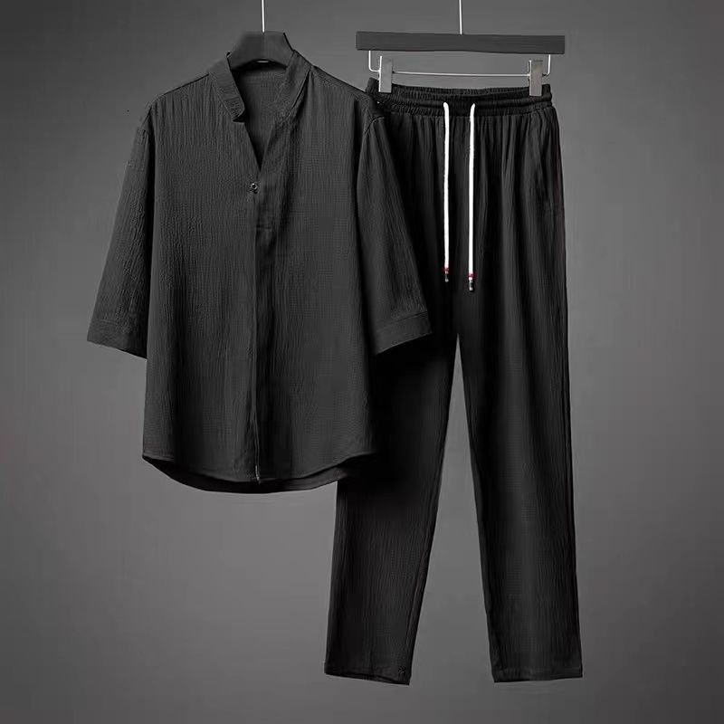 Vintage Button Tops Mens Two Piece Set Summer Casual Shirt and Pants Suits Outfit for Men Solid Color Tracksuit Leisure Clothing 250224