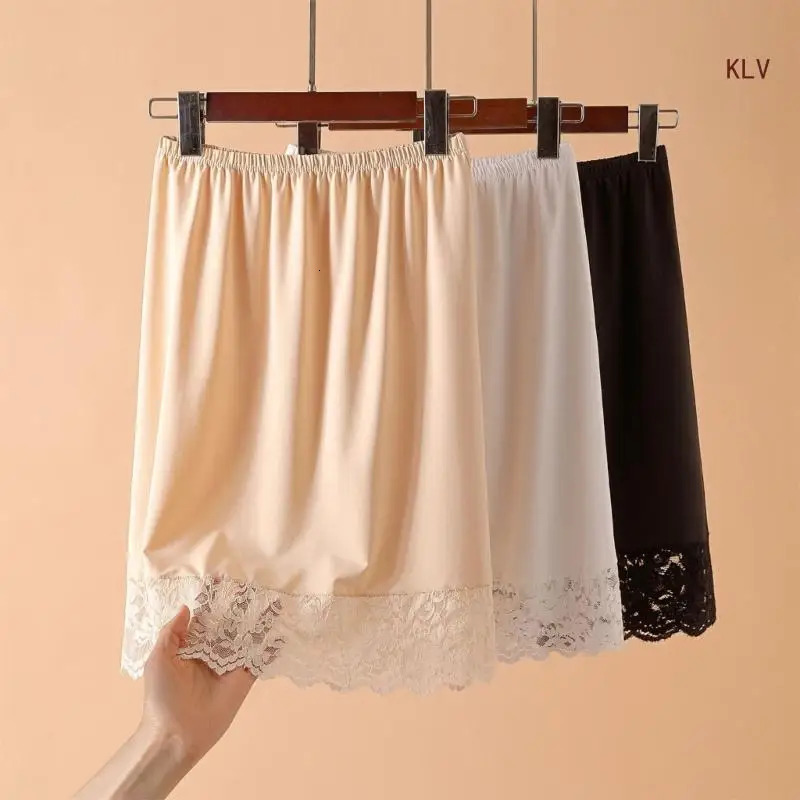 Women Knee Length Half Slip Underskirt Elastic Waist Solid Color Lace Trim Petticoat Basic Half Skirt for Under Dresses 250320