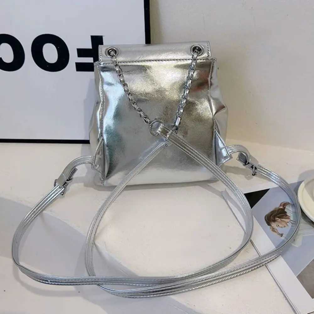 Cute Silver Backpack Chain Heart Bookbag Large Capacity Solid Color Daypack Y250319