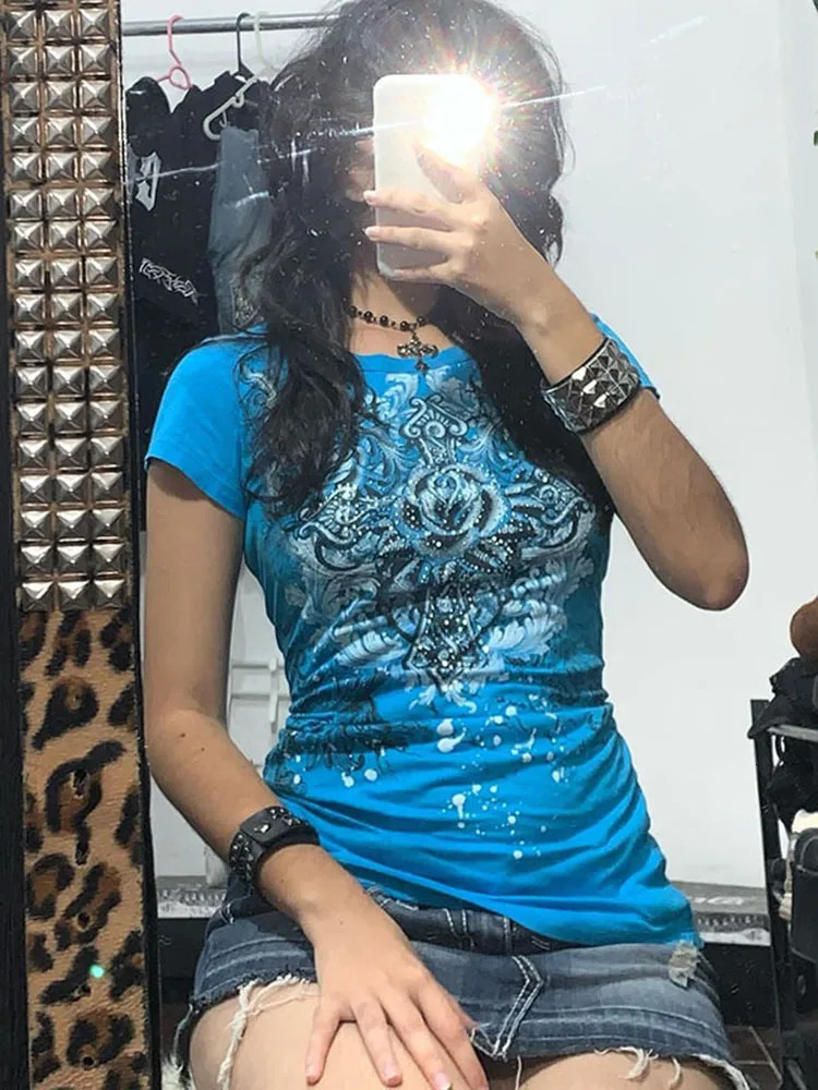 Womens Y2k Grunge T-Shirts 2000s Vinage Rhinestone Print Heart Rose T-Shirt Aesthetics Harajuku Round Neck Tops street fashion 250320