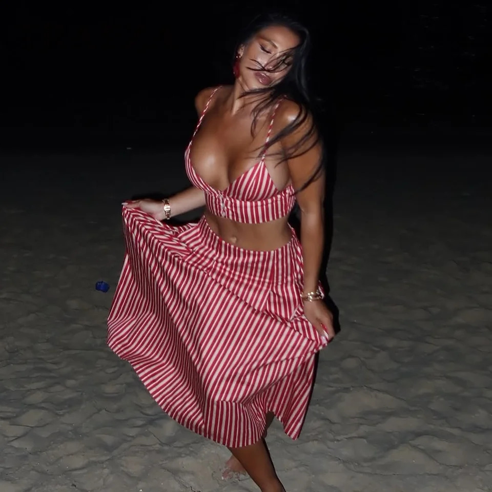 TRAFZA 2025 Spring Summer Beach Style Striped Women Suits Fashion V Neck Backless Cami Chic Loose Straight Ladies Skirts 250320