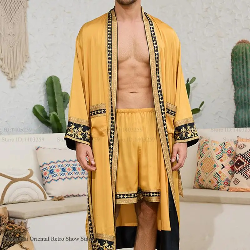 Spring mens long robes kimono bathroom gowns Baroque style silk satin pajamas home clothing loose casual sleepwear pajamas 250320