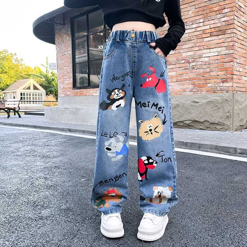 Teenage Girls Jeans New 2025 Cartoon Printed Elastic Middle Waist Loose Denim Trouser Spring Fashion Childrens Cute Wide Leg PantsT2502320