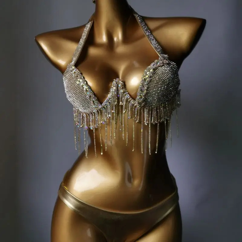 Diamond Fringe Bikini Summer Nightclub Fashion Backless Sequin Fringe Deep V Two-piece Burst Glitter Halter Bikini Set 250317