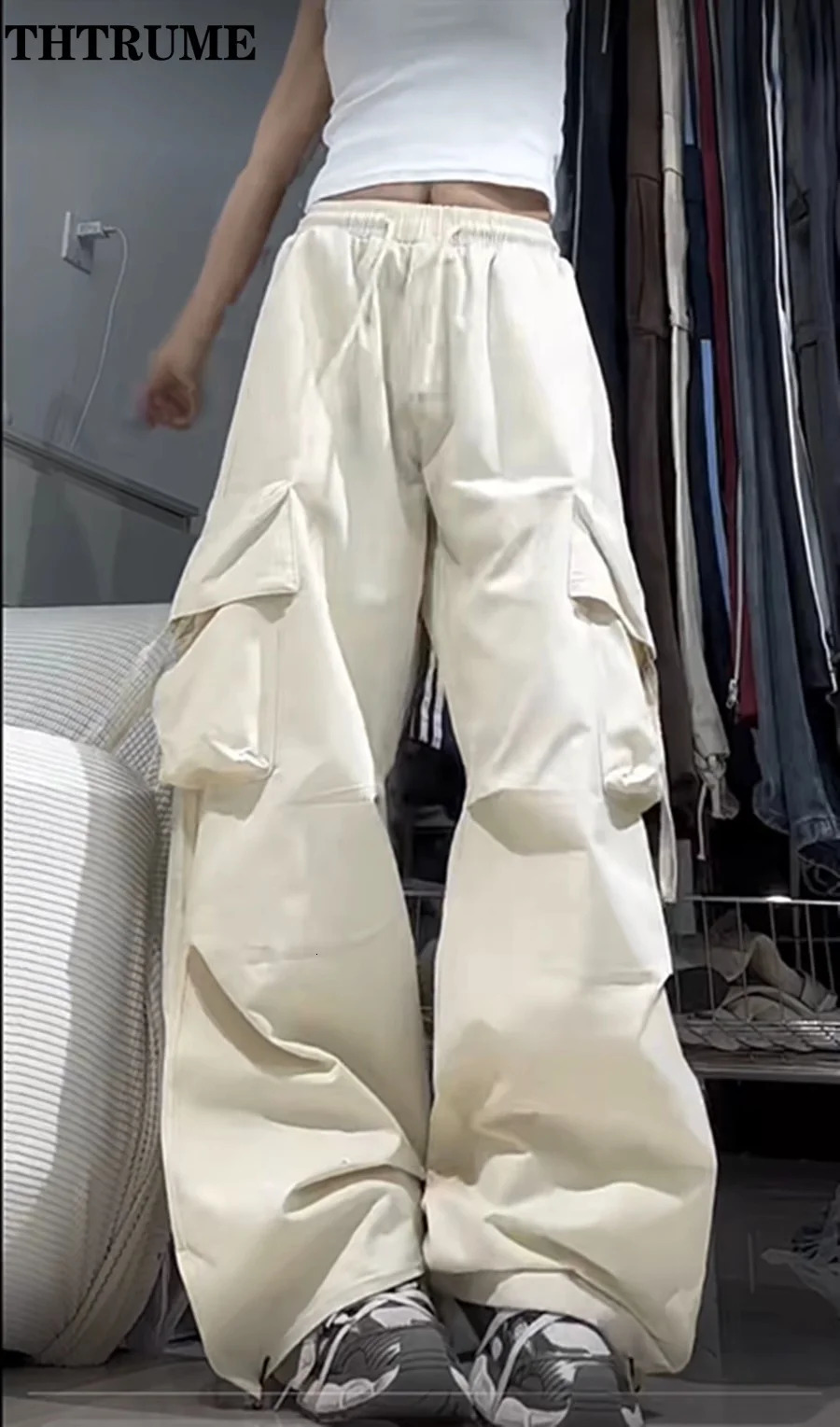 Retro retro street bag pants fashionable womens oversized drawstring pocket casual streetwear loose jogging 250320