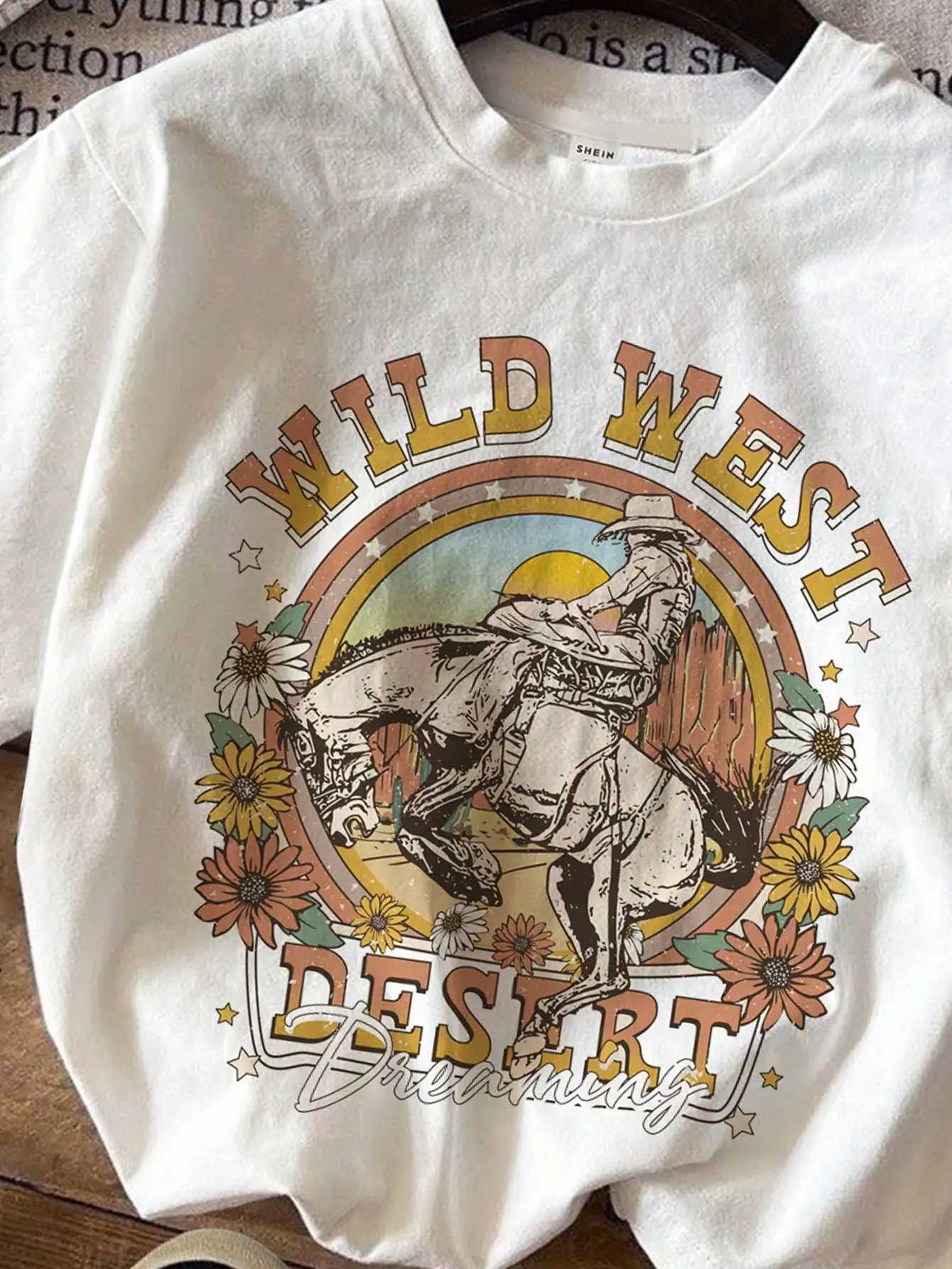 Tween Girl Retro Western Cowboy Pattern Sunflower Casual Simple Short Sleeve T-Shirt Round Neck Suitable For Summer WearT250320