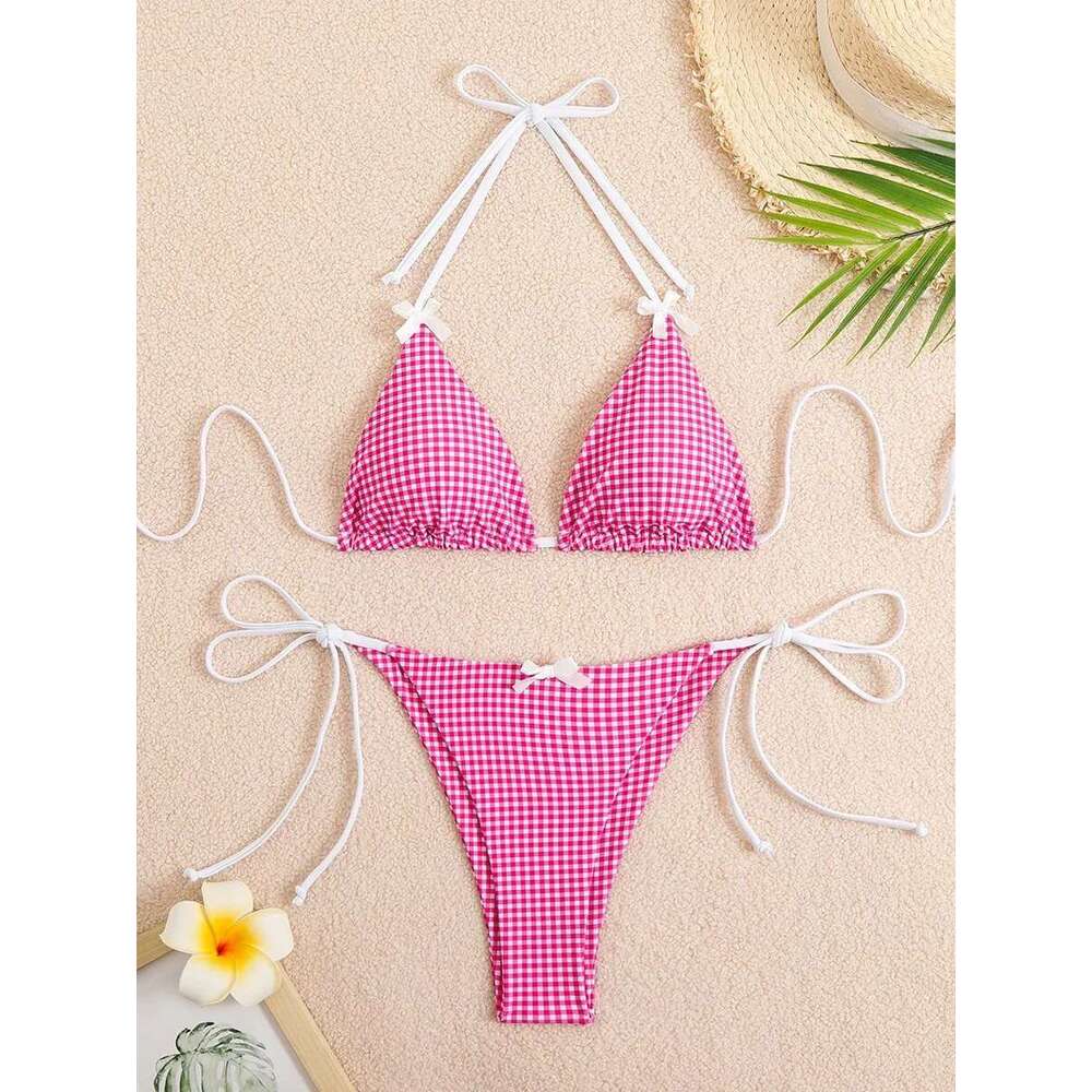 Sexy Bikini 2025 Swimwear Women's Swimsuit Butterfly Decor Checked Halter Thong Bikinis Sets Swimming for Beachwear Bathing Suit