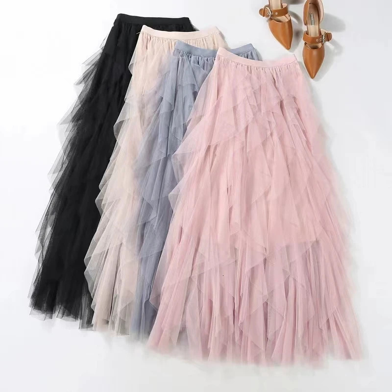 Womens Half Length Skirt Irregular Mesh High Waisted Versatile Slimming A-line Fluffy Gauze Medium Length Half Length Skirt 250320