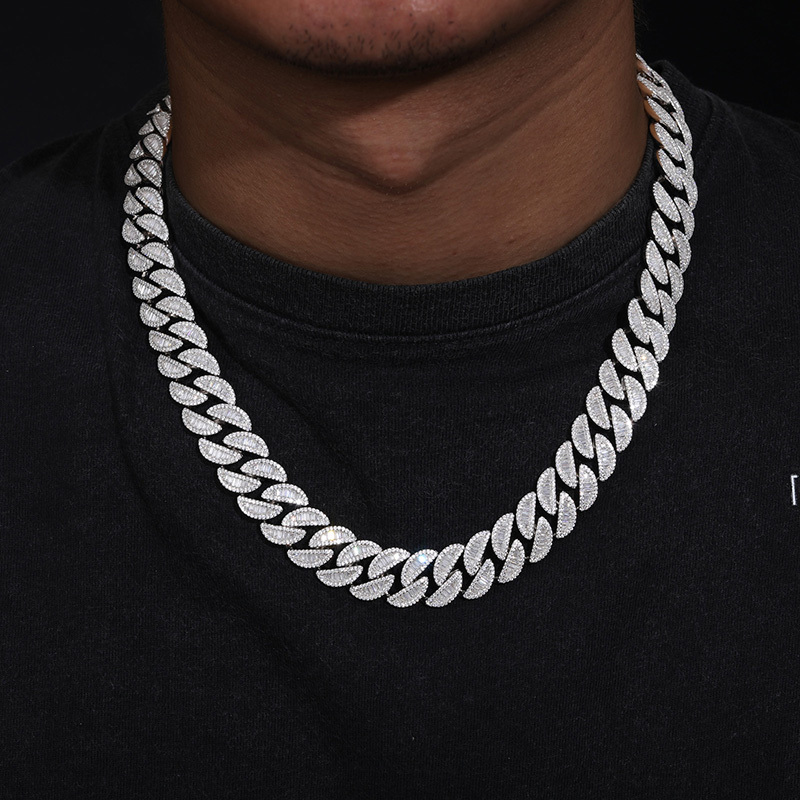 High Quality Unisex VVS1 Baguette Moissanite Cuban Chain Necklace 925 Silver For Men Hip Hop Jewelry