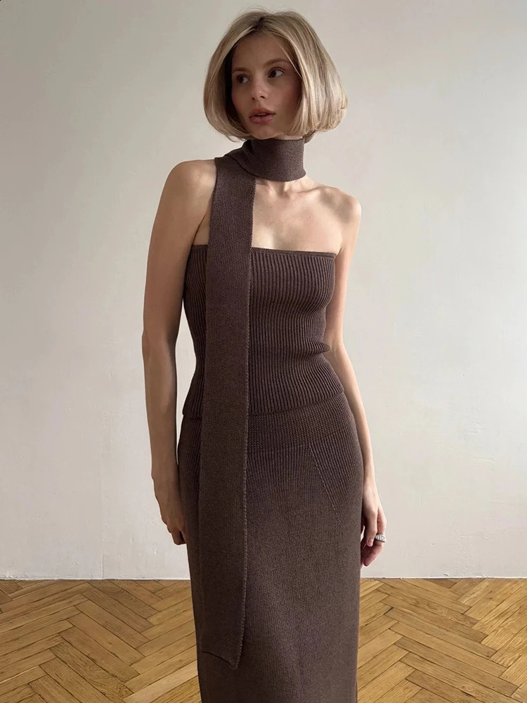 Taruxy Knitted Dress Set Womens Elegant Strapless Top Ultra Thin High Waist Long Style Summer Sweater 2-piece Set 250317