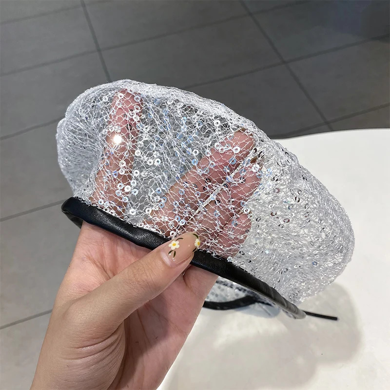 Thin Sequin Mesh Hat Women Spring Summer Niche Personality Sweet Cool Beret Fashion Lace Cutout Painter Hat Baotou Hats 250320