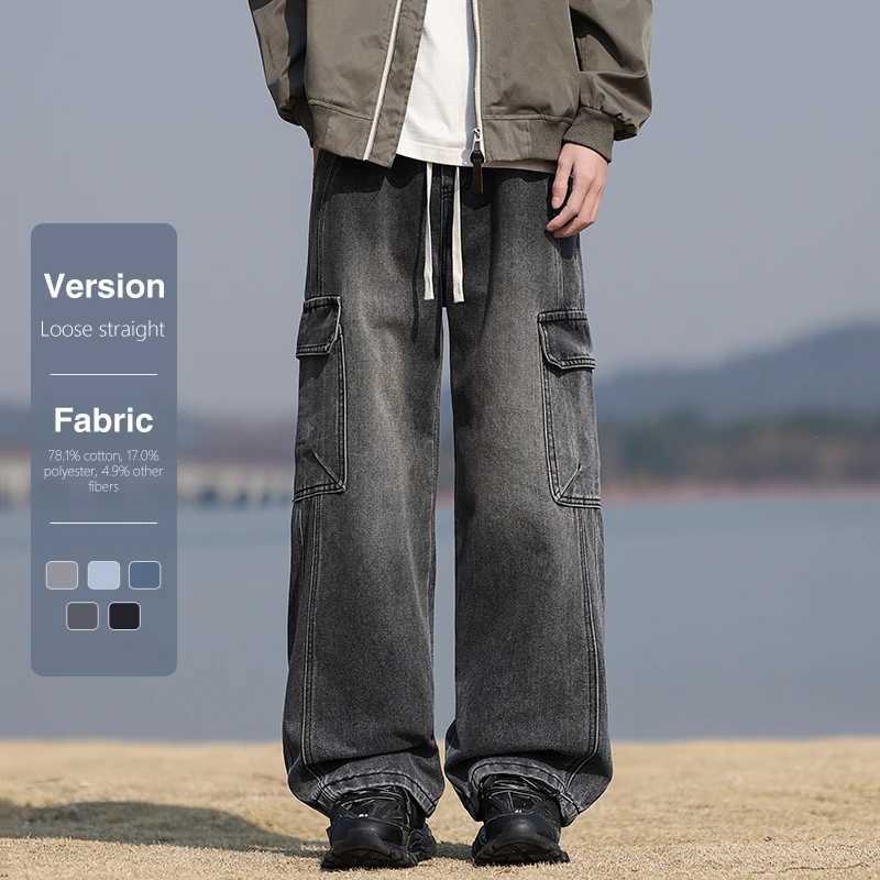 American retro cargo pants mens wide leg large pocket casual loose patchwork work pants fashionable Korean streetwearT250319