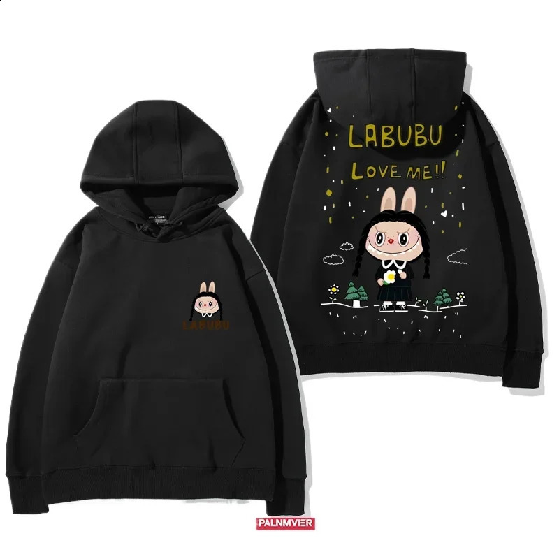 Neutral long sleeved hooded sweatshirt with loose fit and Labubu cartoon print for casual autumn winter cute fashionable comfortable daily wear 250319