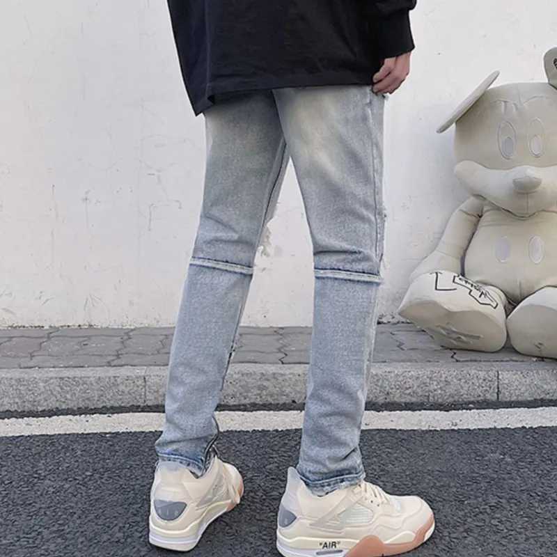 High quality mens jeans high tear mens wash pants teenage boys distressed pants leg zipper pantsT250319