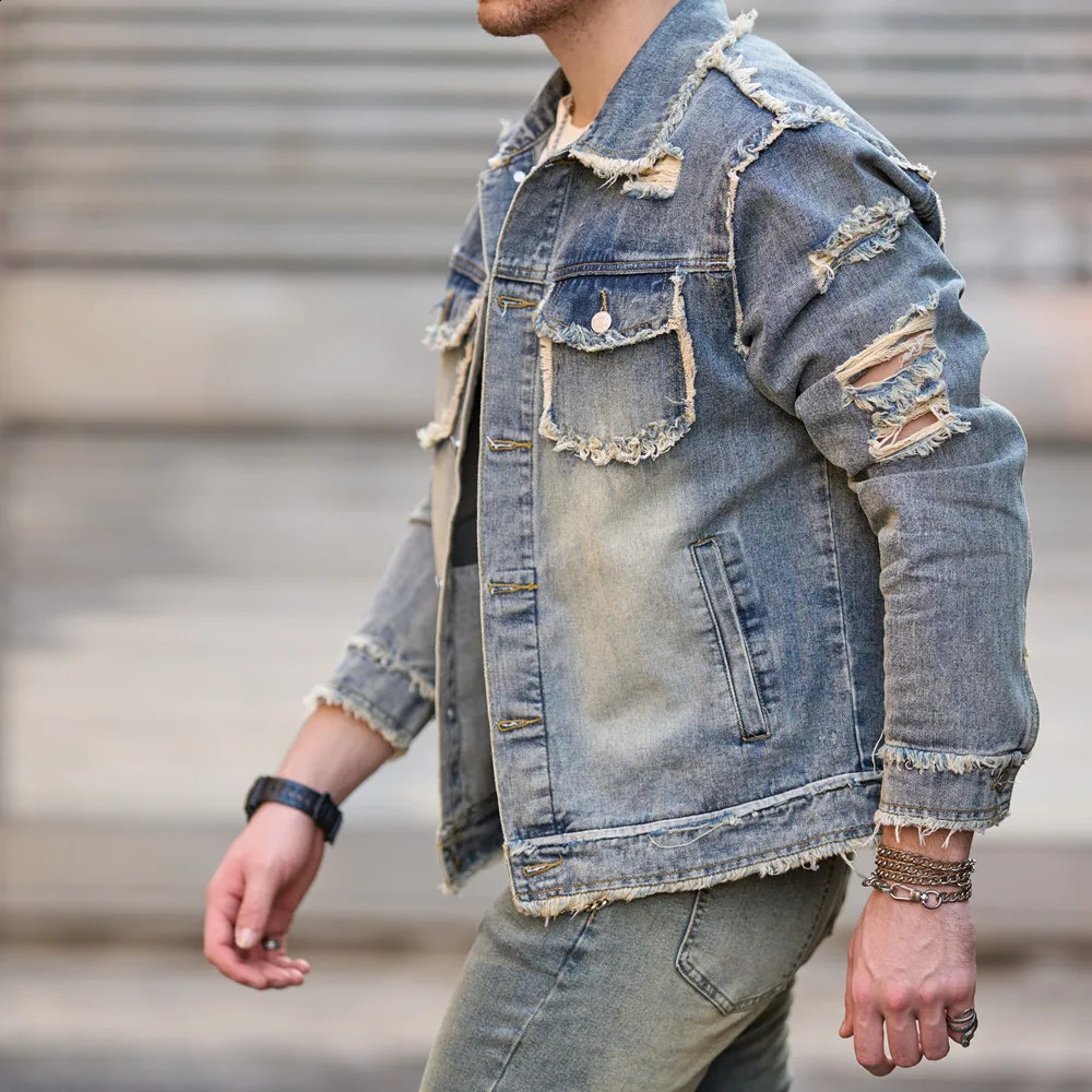 Men Autumn Streetwear Fashion Solid Ripped Slim Denim Jacket High quality Male Holes Casual Coat 250317