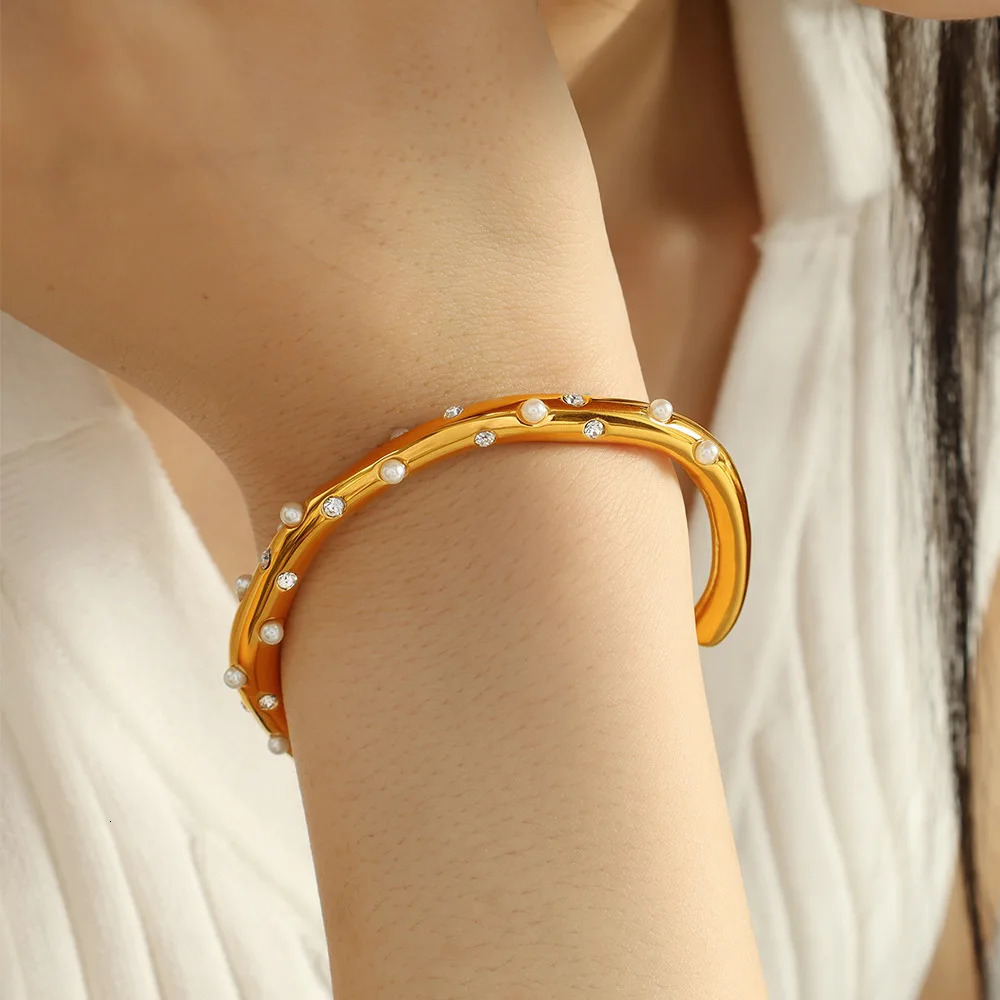 Vintage 18K Gold Plated Stainless Steel Cuff Bracelets Irregular Pearl Stone Opening n Bangle for Party Gift 250320