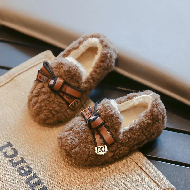 Children Winter Loafers Bowtie Fleece Leisure Slip-on Kids Flat Shoes Warm Round Toe Fashion Three Colors Girls Shoe 21-36 250319