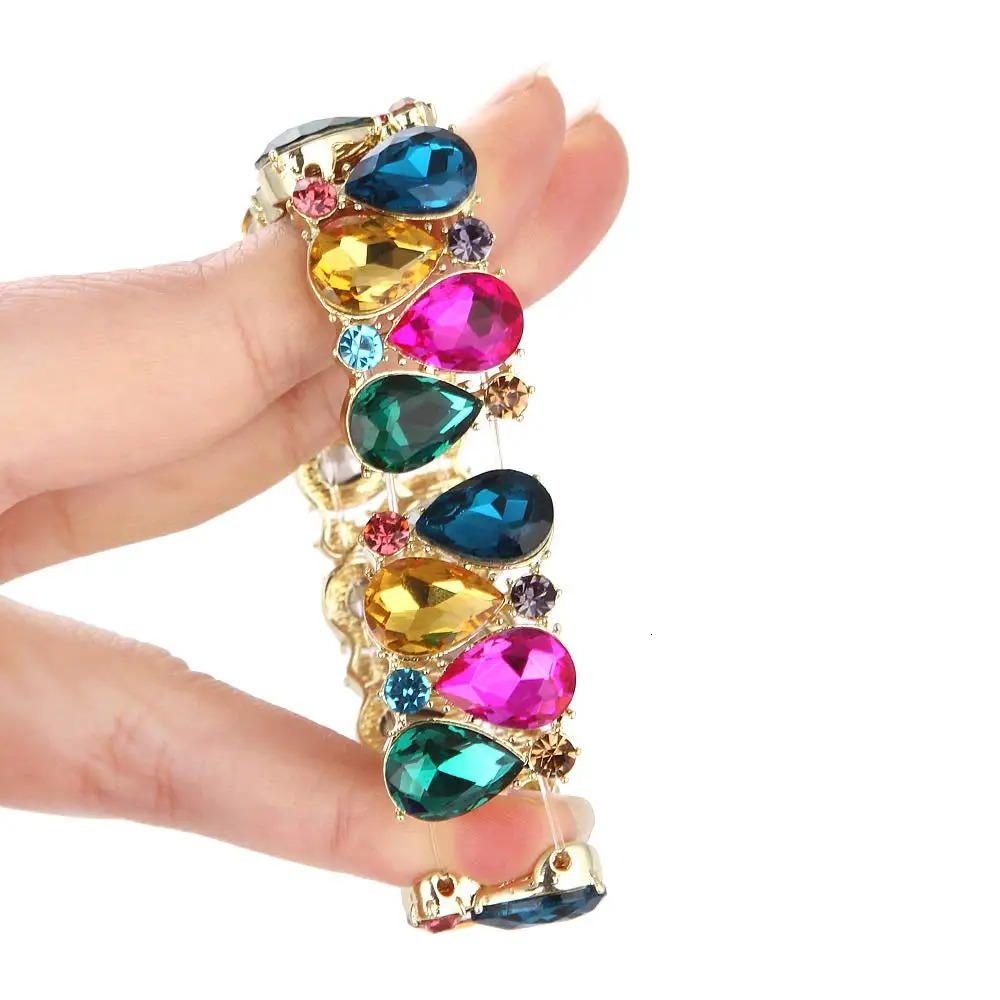 16 Colors Elegant Crystal Cuff Bangles Tear Drop Bracelet Women Stretch Bangle Indian Bridal Wedding Costume Jewelry Girl Gifts 250320