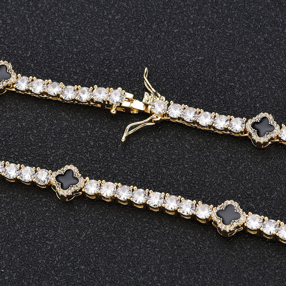 Hip Hop Ice Flower Tennis Clavicle Necklace New Cube Zirconia Brass Black Drip Oil Tennis Chain Jewelry Women Men