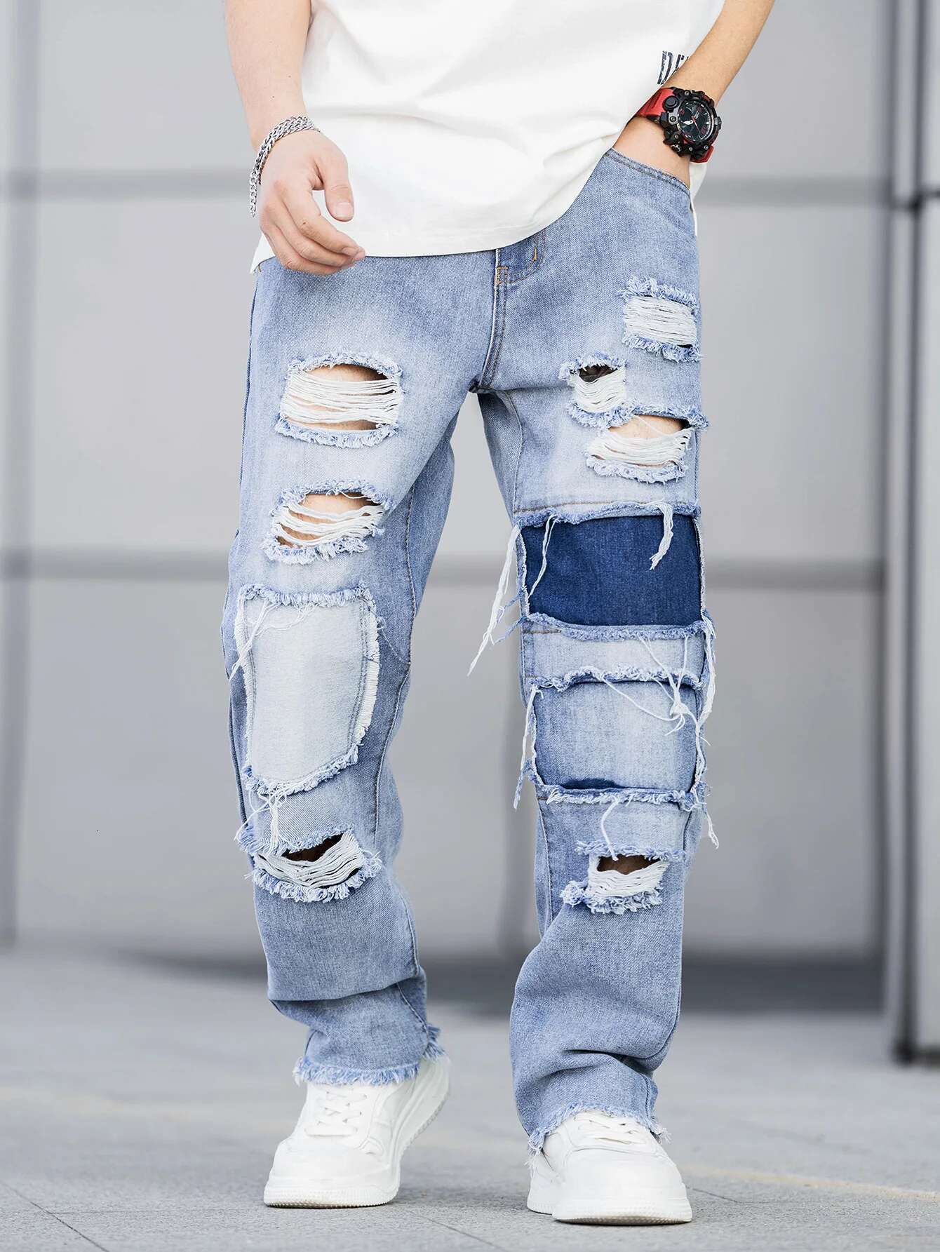 Designer Jeans For Men Repairing Holes In Men's Clothing Niche Loose Fashion Blue Casual Pants, Elastic Men's Clothing 2025 Fashionable Tren