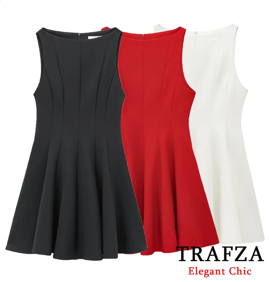 TRAFZA Women Elegant Pleated Dress Sleeveless Slim Short Red White 2025 Summer Fashion Holidays Party Black 250319