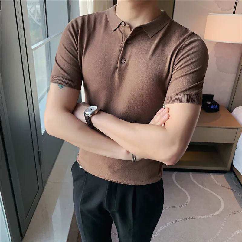 British style summer knitted polo shirt solid color slim fit elastic short sleeved mens business social polo streetwear 250317