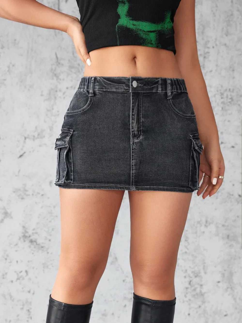 Cowboy Tight Womens Short Jeans Y2k Cargo Tight Hip Bag Ele Splicing Skiing Casual Pocket Button Streetwear Sexy Summer 2024XJ250320