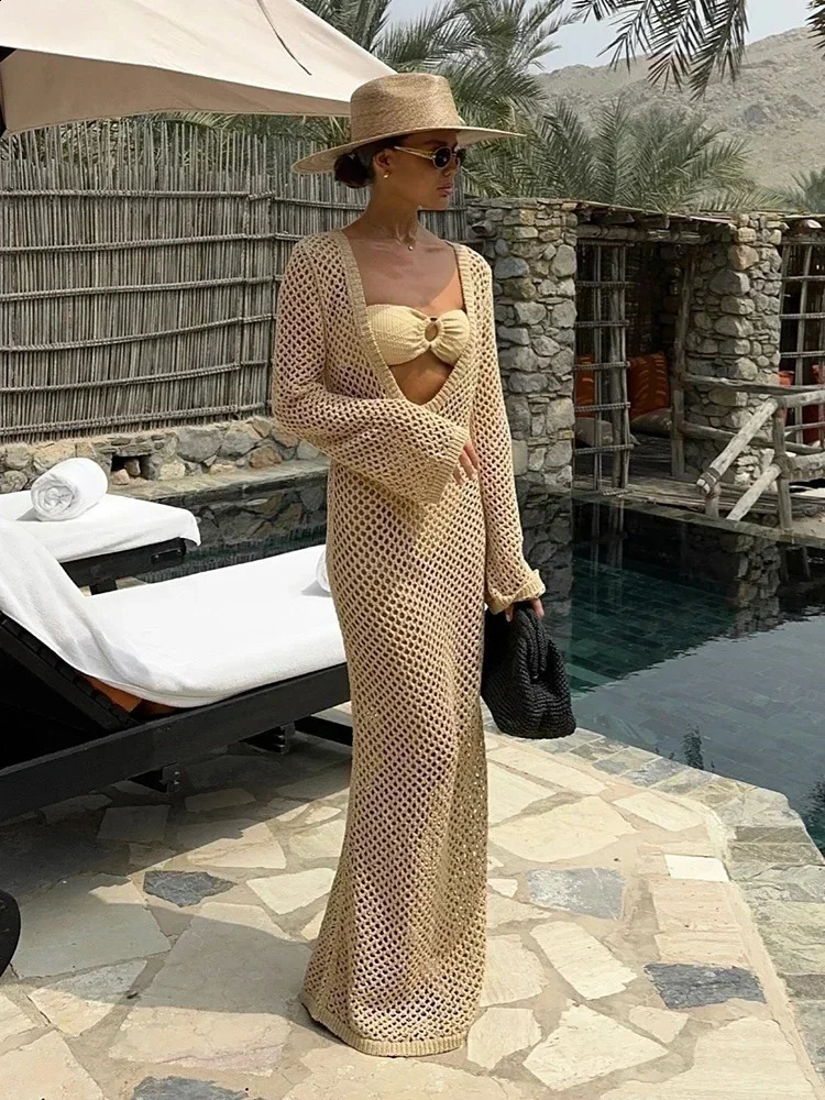 Sexy U-neck Bell Sleeve Knit Maxi Dress Summer 2024 Women Swimwear Feminine Bikinis Cover-ups Holiday Crochet Beach Outfit K21 250317