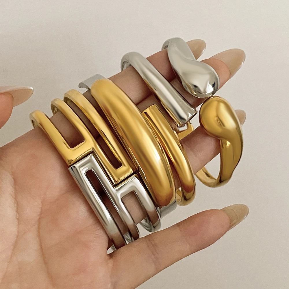Exaggerated Chunky Irregular Liquid Wave Open Bracelet Bangle Multiple Gold Silver Color Women Bracelets Stainless Steel Jewelry 250320