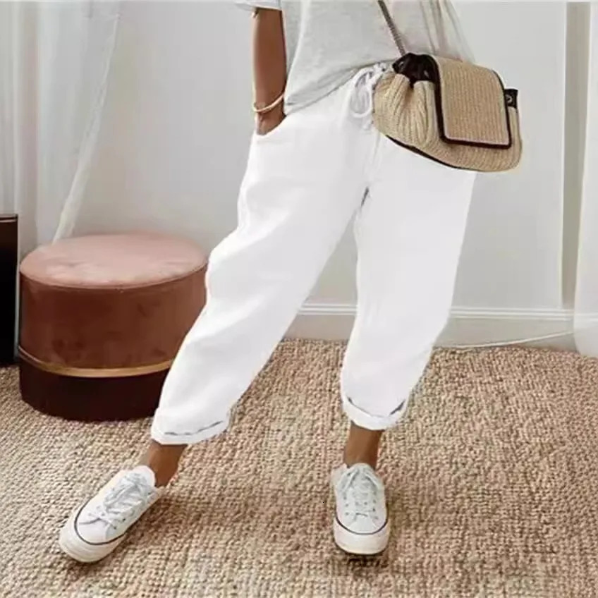 Womens Cotton Linen Pants Spring Summer Solid Elastic High Wasit Pockets Nine Points trouser Ladies Loose-fitting Lace Up Pants 250320