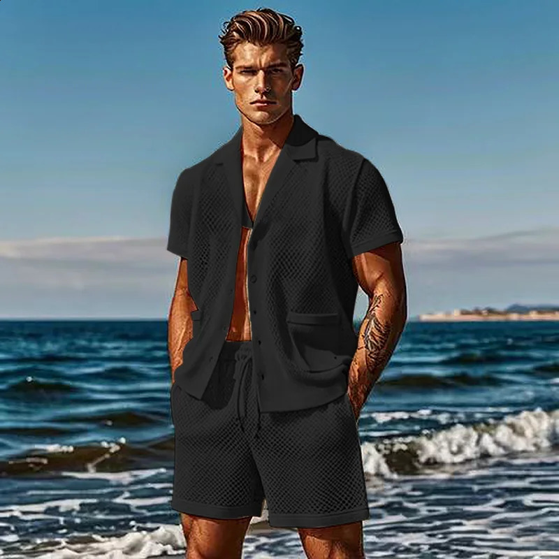 Mesh Breathable Ice Cool Summer Leisure Set Thin Solid Color Mens Short Sleeve Two Piece Set 250314
