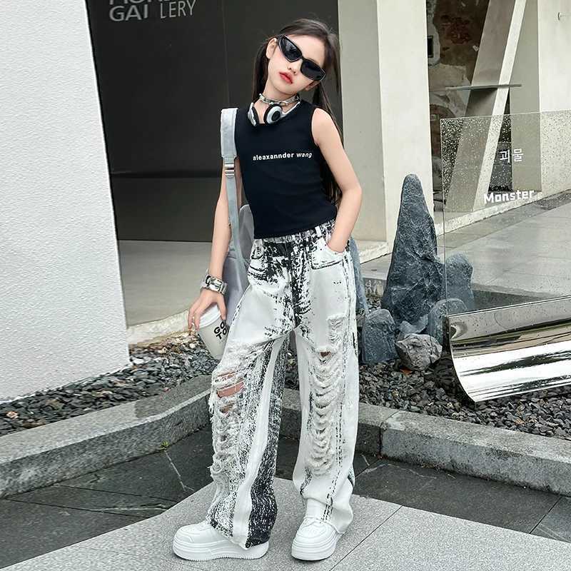 Teenage girl hole tie dyed jeans big padding young man big tear wide leg pants teenage children sleeveless topT250326