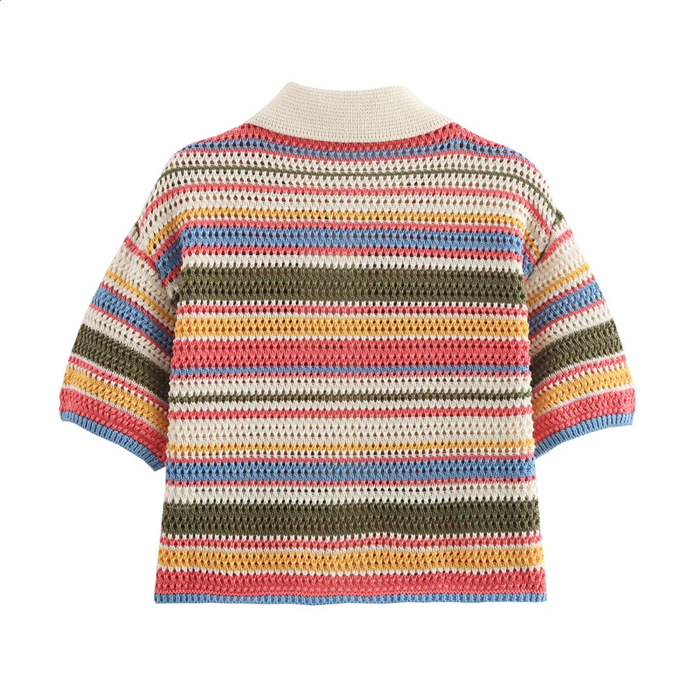 ZATT Summer Collection Sweet Vintage Polo Collar Single Breasted T Shirt Short Pants Candy Color Striped Women Suit Set 250318