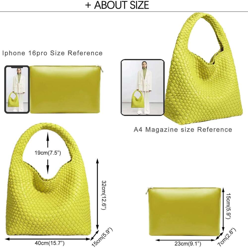Women Vegan Leather Hand-Woven Tote Handbag Fashion Shoulder Top-handle All-Match Underarm Bag with Purse