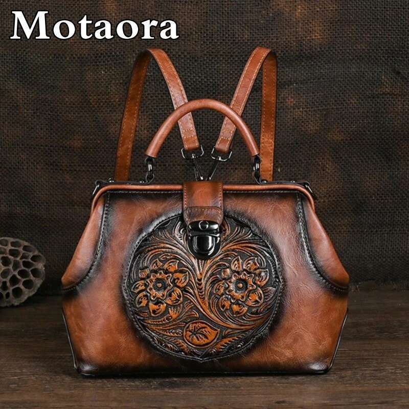 MOTAORA Vintage Handmade Leather Backpacks For Women Designer Handbags Hasp Ladies Shoulder Bags Emed Woman Backpack