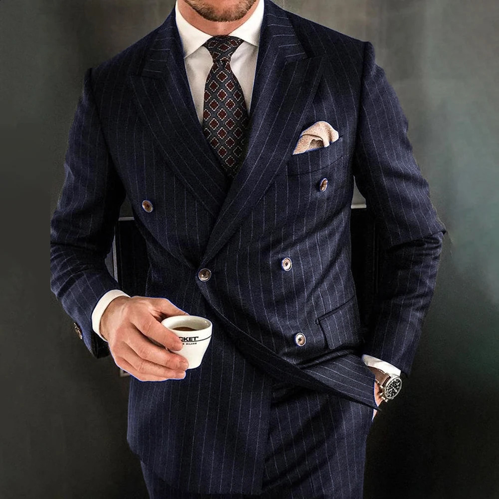 Navy Blue Striped Men Suits Fashion Lapel Double Breasted Male Blazer with Pants Formal Casual Wedding Tuxedo 2 Piece Slim 250311