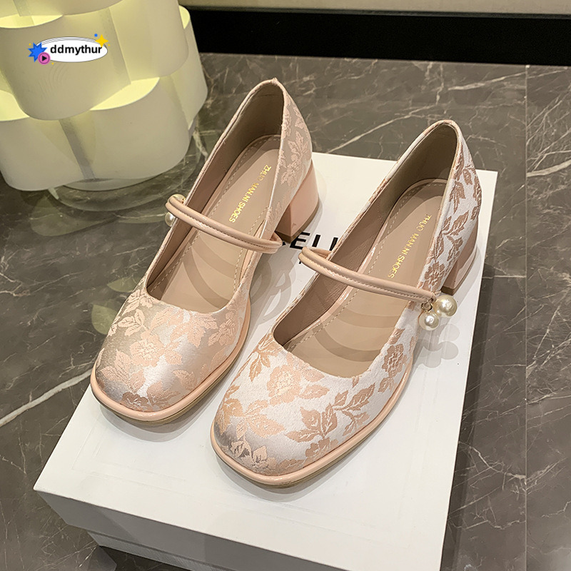 Chinese style embroidered printed high heels with charming feminine temperament, Mary Jane s, thick heels, round toe, comfortable business banquet wom