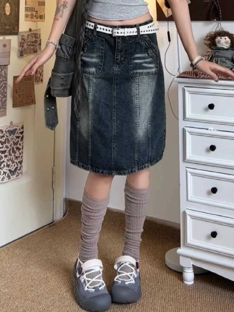 Summer womens Korean Midi denim Skirt Cyber Punk Gyaru Coquette 2000 retro Harajuku Gothic Japanese fashion Y2k streetwear newXJ250320
