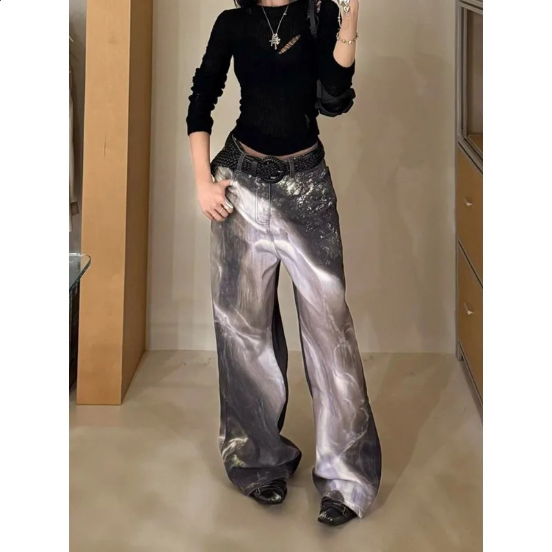 American retro large-size water washing silhouette waterfall jeans for women spring girl digital printed floor trousers 250319