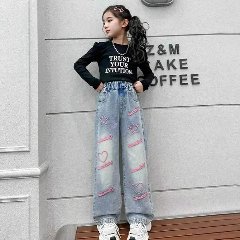 Girls Jeans 2025 New Spring Autumn Children Pants Stylish Girls Cowboy Trousers Loose Kids Wide Leg Pants Tide Teen ClothesT250326