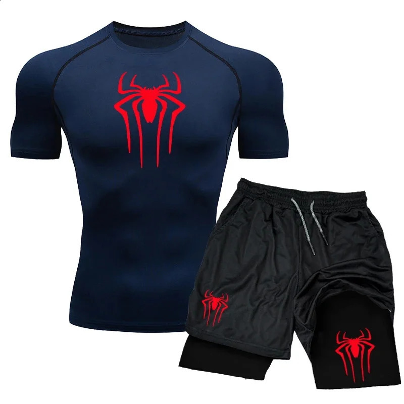 Compression Set Spider Print Sportwear for Men Quick Dry GYM ShortsShirt 2PCS Quick Dry Short Sleeve Trainning Sport Suit 250319