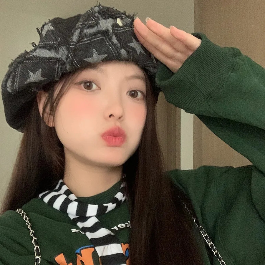 Denim Berets Caps Women Rough Edge Star Berets Showing Face Small Spring and Autumn Ins Retro Womens Hats 250320