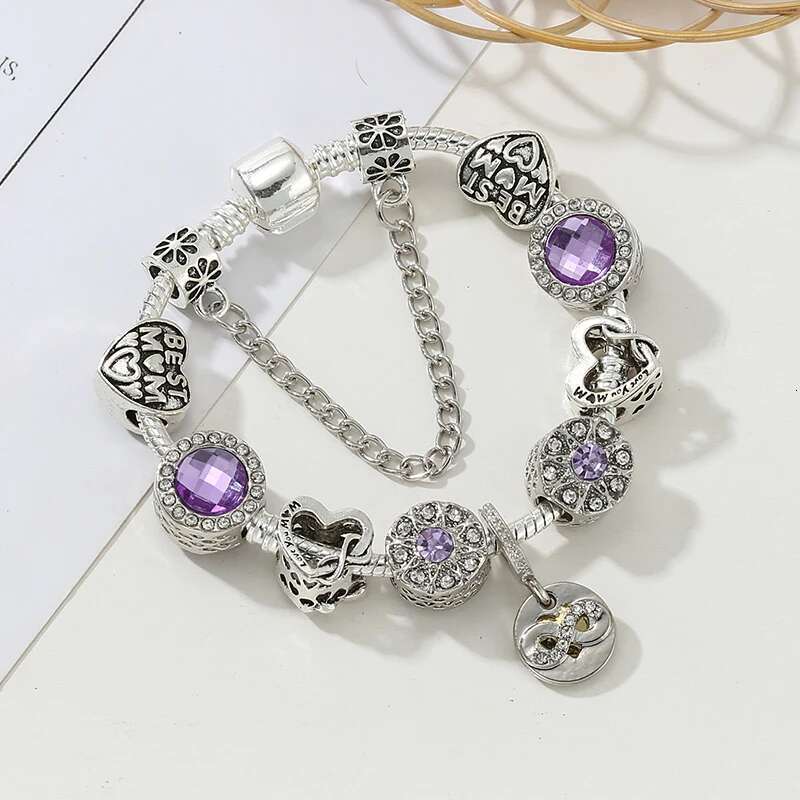 Tibetan Silver Color Gigantic Beads Bracelet Purple Crystal Charm Bracelet & Bangle For Women Mom Pulseras Jewelry Dropshipping