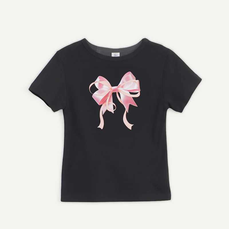 2024 Summer New Short sleeved T-shirt Bow Classic Cute Girl Clothing Graphic T-shirtT250320