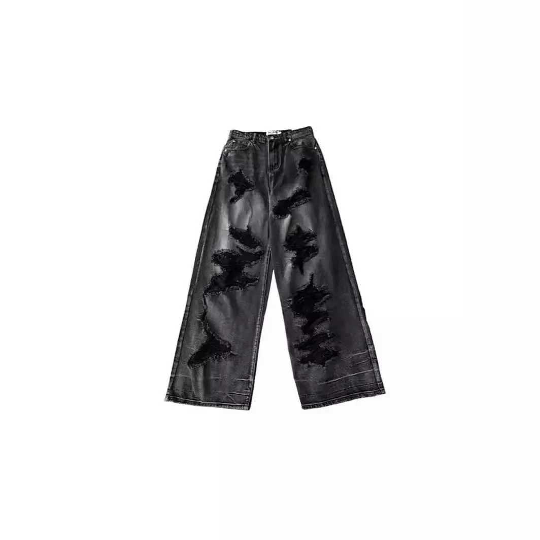 Unique Cool Tear Jeans for Womens Summer Distressed American Bell Bottom Loose Fit Versatile Straight Leg PantsT250326