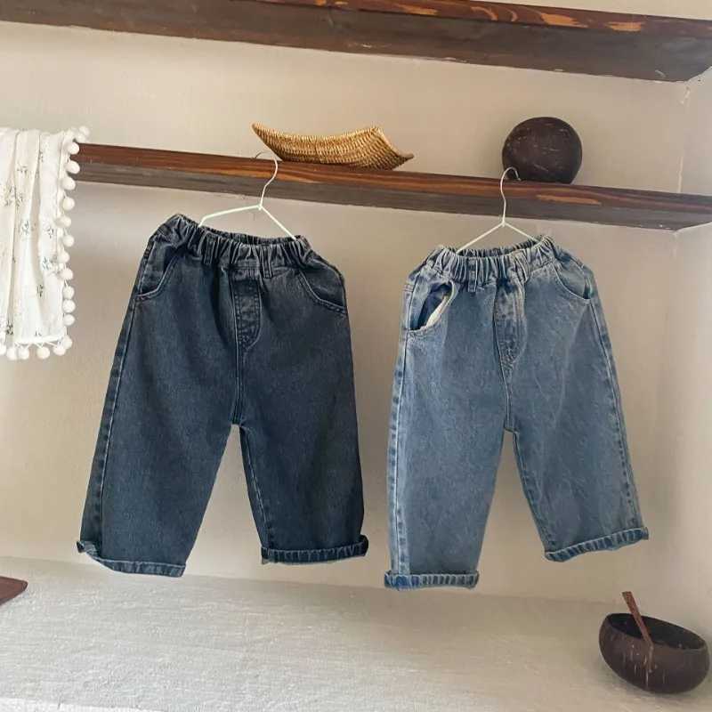 2024 Autumn Boys and Girls Solid Color Cowboy Wide Leg Pants Unisex Childrens Casual Full Match JeansT250326