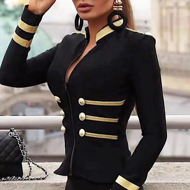Womens Solid Zipper Coats Full Sleeve Stand Collar Spliced Jackets Midi Waist Casual Button Coat Office Lady Winter 2024 250319
