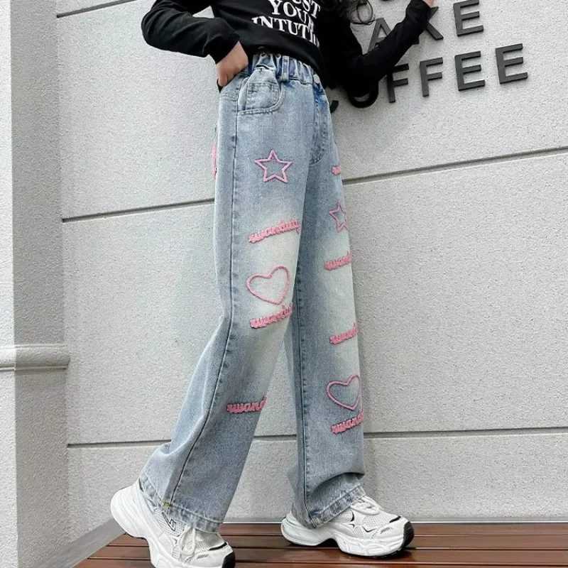 Girls Jeans 2025 New Spring Autumn Children Pants Stylish Girls Cowboy Trousers Loose Kids Wide Leg Pants Tide Teen ClothesT250326